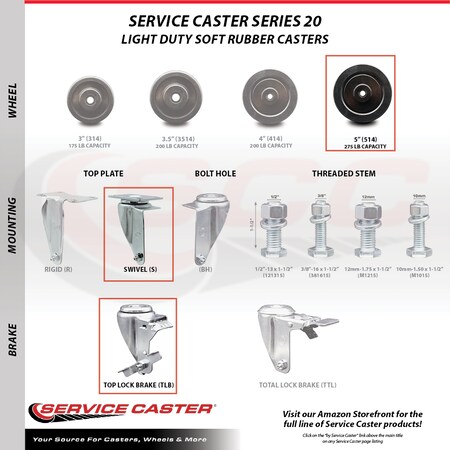 Service Caster 5 Inch Soft Rubber Wheel Swivel Top Plate Caster with Brake SCC-20S514-SRS-TLB